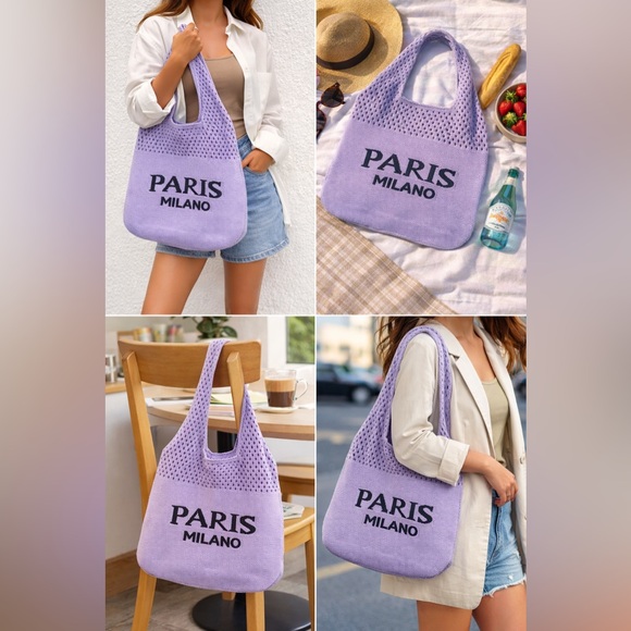 NEW Paris Milano Crochet Tote Bag Purple Pink Mauve Beach Bag - Picture 3 of 9